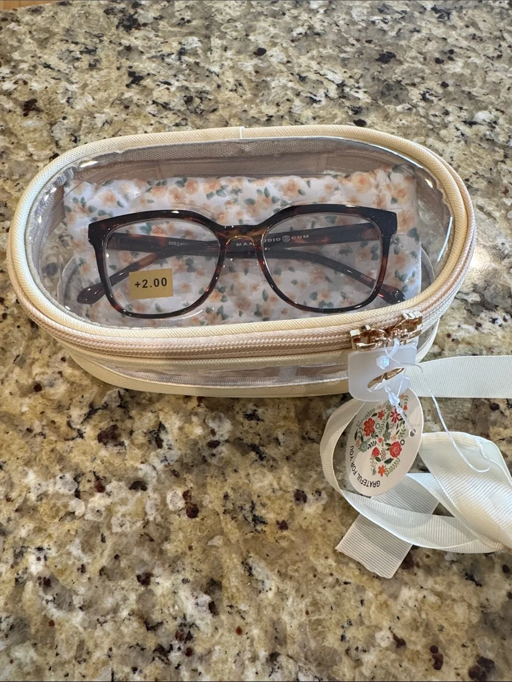 Tortoiseshell Reading Glasses with Beige Floral Case - NWT